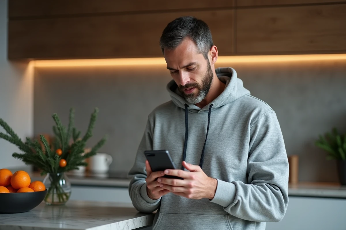 Homme passant commande du calendrier de l'avent FDJ 2026 sur smartphone dans une cuisine moderne