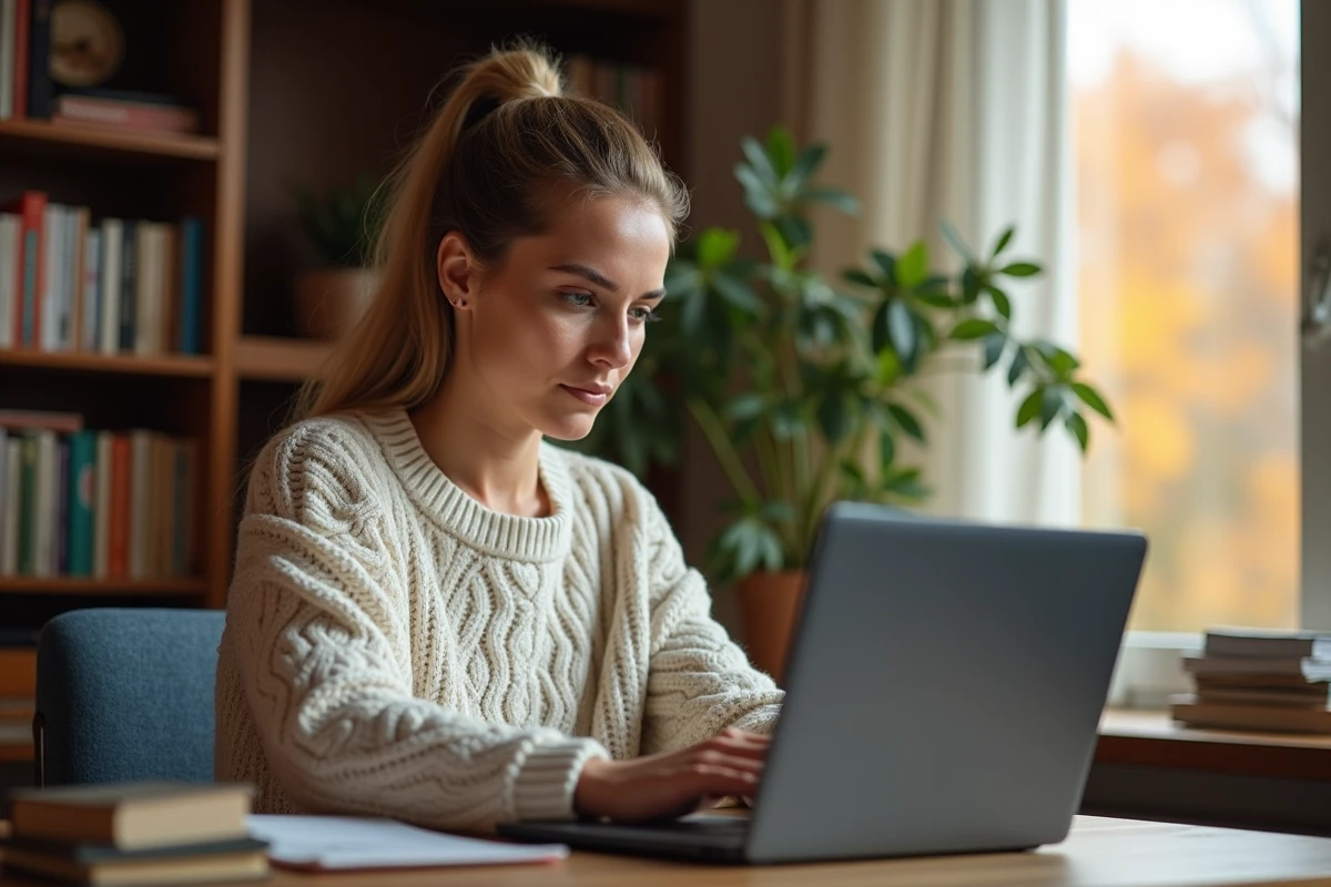 Femme recherchant et comparant des poêles à bois en ligne sur un ordinateur portable depuis son bureau à domicile