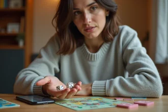 Femme tenant des dés de jeu de société dans sa main avec l'application Monopoly Go visible sur un smartphone posé sur une table en bois