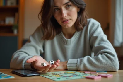 Femme tenant des dés de jeu de société dans sa main avec l'application Monopoly Go visible sur un smartphone posé sur une table en bois
