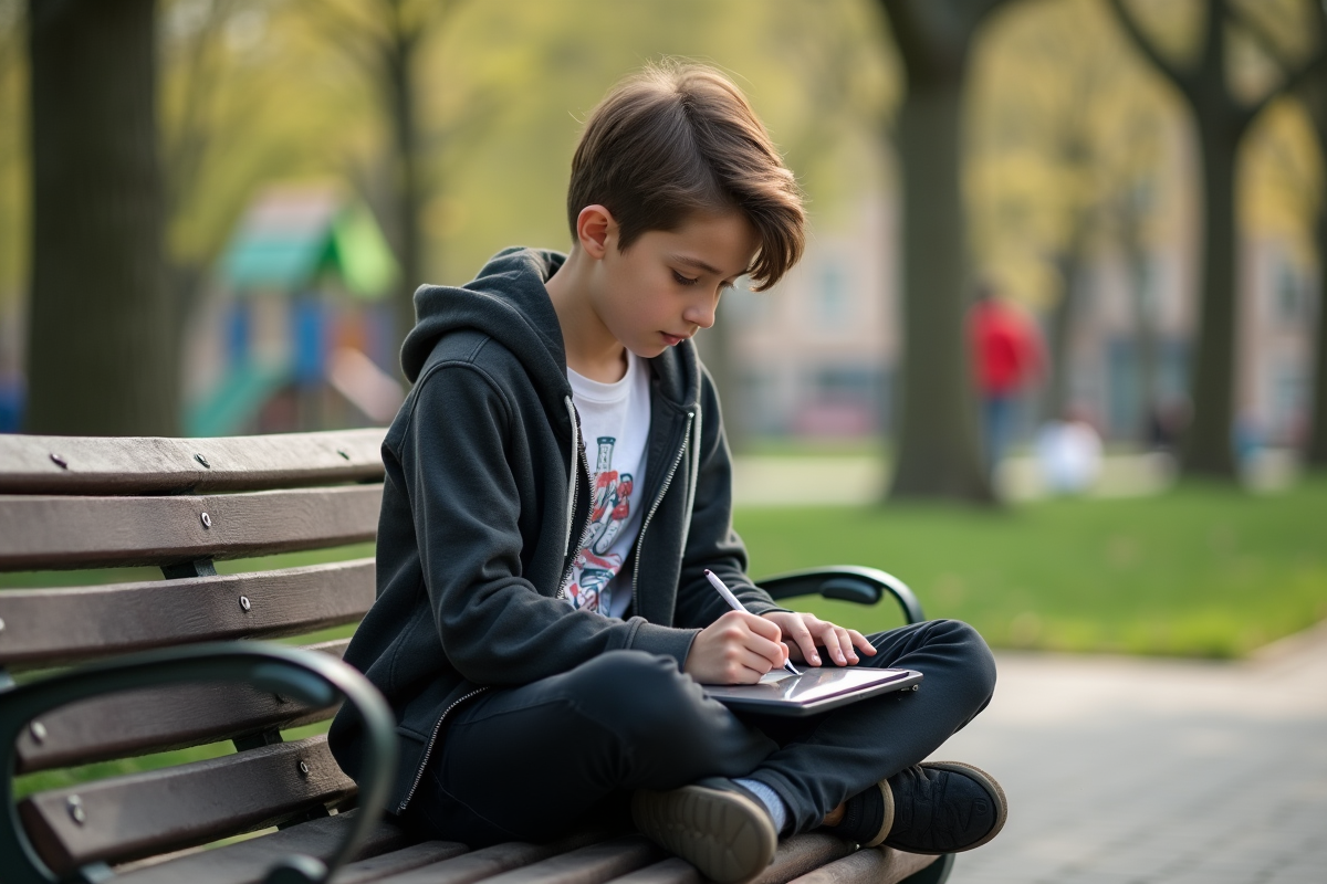 Adolescent dessinant sur une tablette dans un parc en plein air