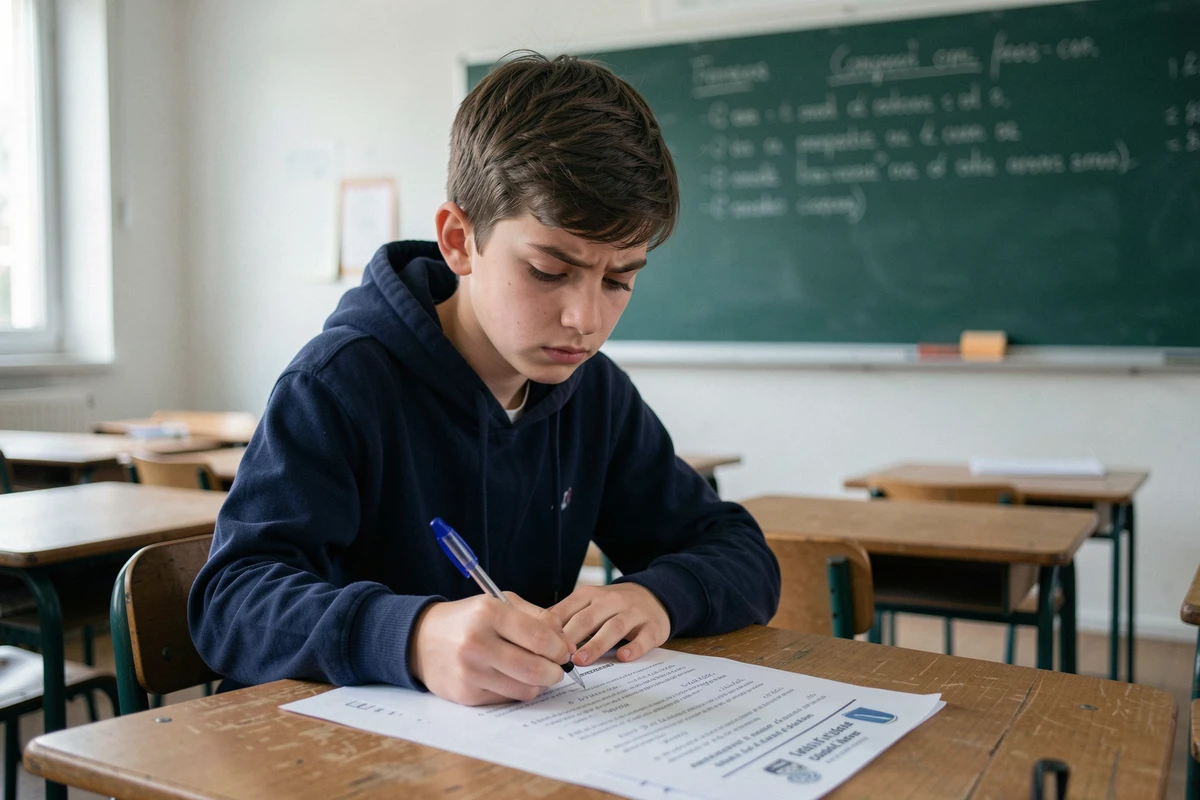Adolescent en classe concentré sur une feuille de dictée avec un tableau de grammaire en arrière-plan
