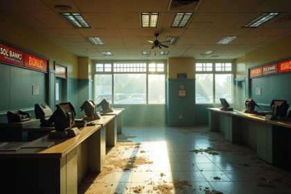 Ancienne agence bancaire vide et abandonnée avec lumière