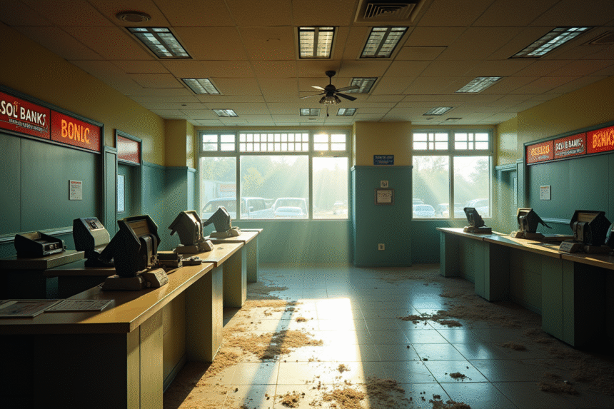 Ancienne agence bancaire vide et abandonnée avec lumière