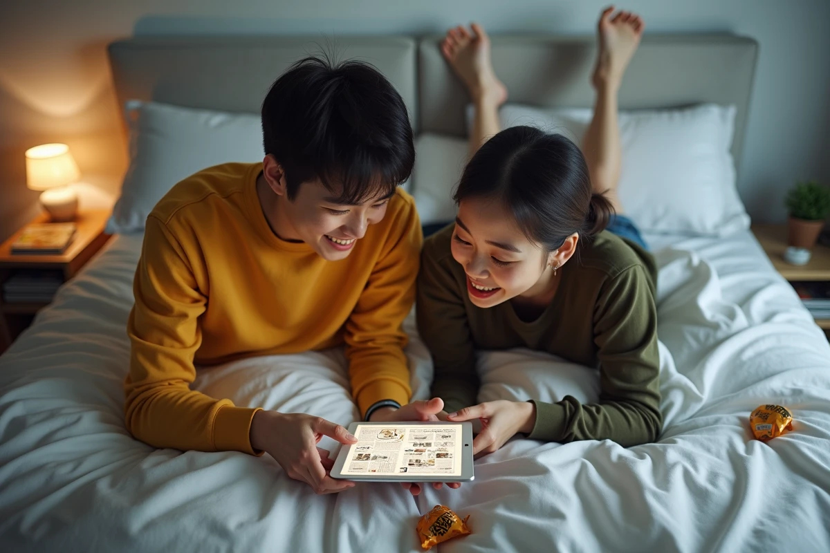 Deux amis lisant ensemble des scans de One Punch Man sur tablette allongés sur un lit le week-end