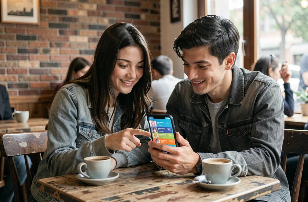 Deux amis discutant d'un planning d'animés de la saison sur un smartphone dans un café