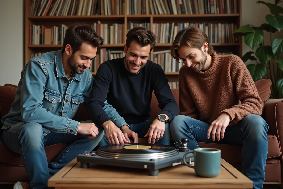 Groupe d'amis autour d'une platine vinyle dans un appartement parisien, partageant des souvenirs de chansons françaises emblématiques des années 80