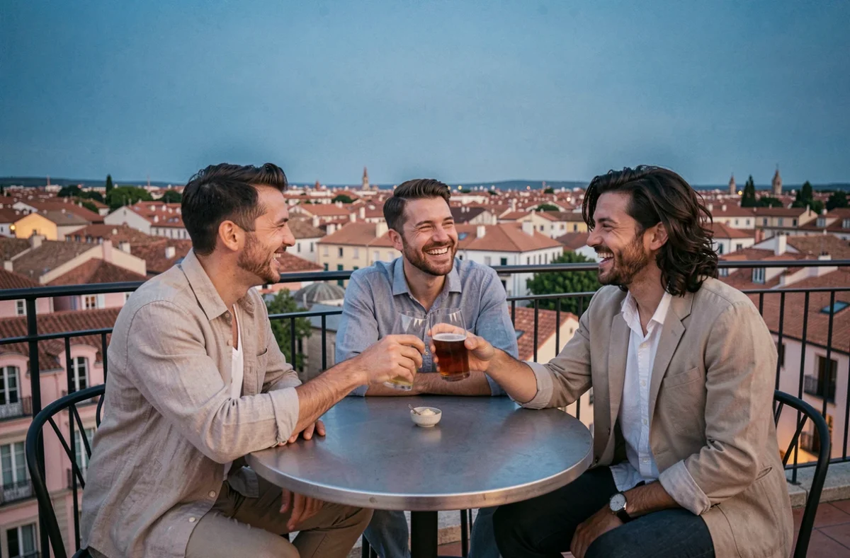 Groupe d'amis trinquant en terrasse d'un bar panoramique au-dessus des toits roses de Toulouse au coucher du soleil