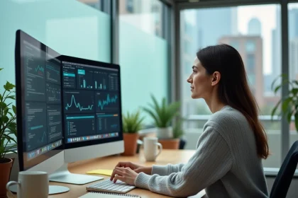 Femme analysant des données en ligne sur un grand écran dans un bureau moderne en 2026