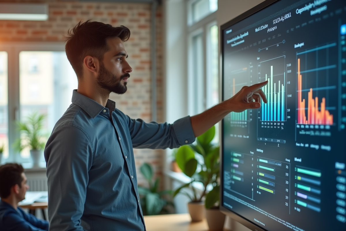 Jeune analyste pointant un tableau de bord ESG dans un bureau lumineux