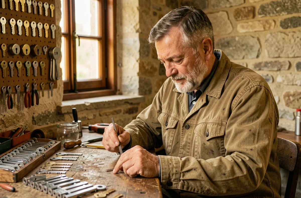 Antonio Nave Castan, artisan serrurier indépendant dans son atelier traditionnel du Gard, façonnant une clé à la main