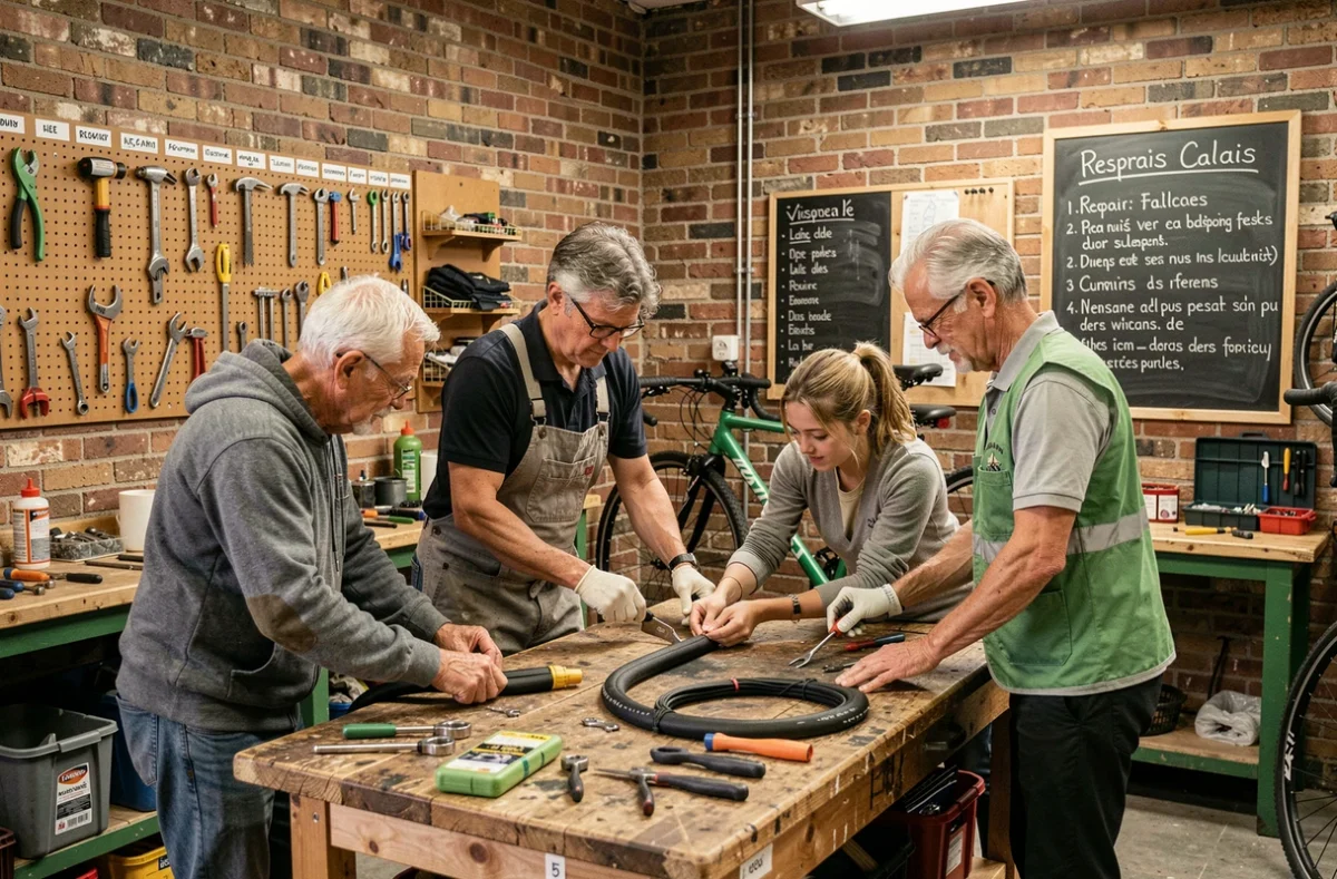 Atelier d'autoréparation vélo de Calais avec bénévole guidant des cyclistes sur la réparation d'une chambre à air