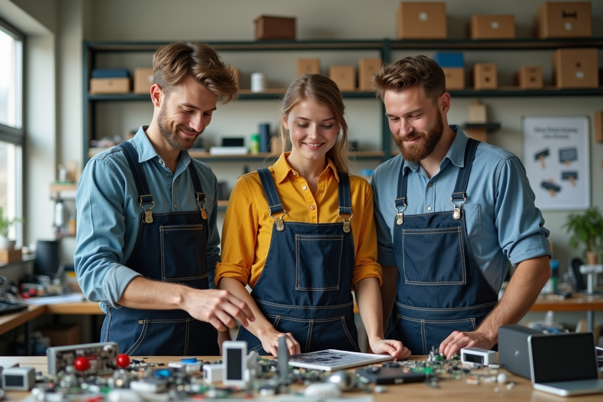 Jeunes en overalls réparant des appareils électroniques dans un atelier