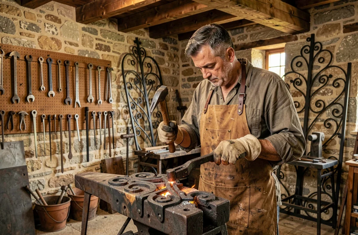 Artisan des Ateliers Lefranc travaillant la ferronnerie d'art dans un atelier de métallerie traditionnel dans le Gard