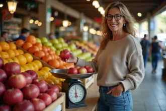 Femme pesant des pommes sur une balance dans un marché