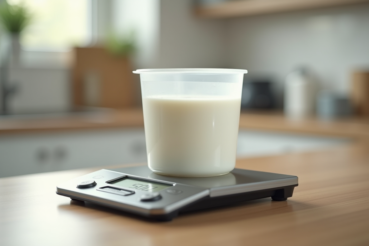 Balance de cuisine numérique avec bol de lait dans cuisine moderne