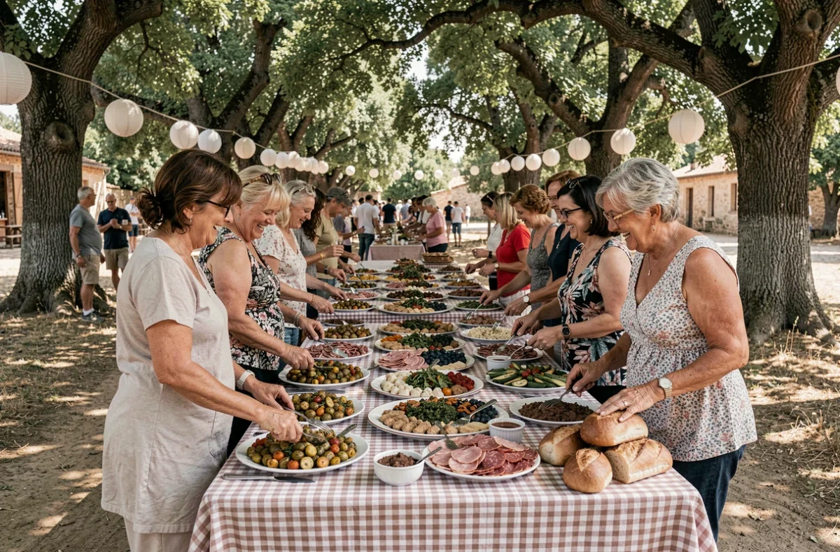 Femmes préparant un banquet traditionnel en plein air lors d'une fête de village authentique sous les chênes
