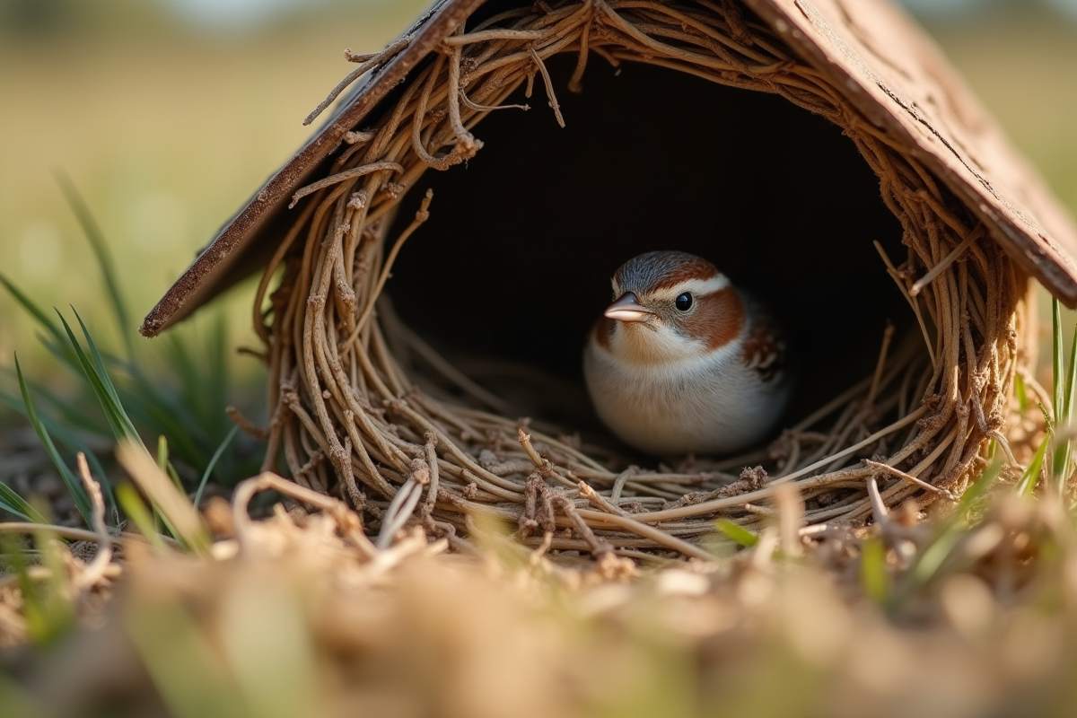 Tête de moineau dans un nid en herbe au matin