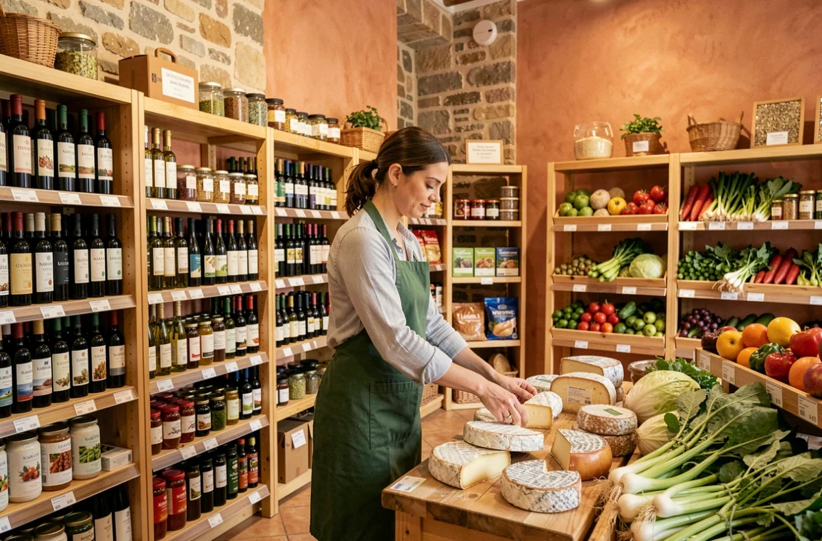 Employée arrangeant des fromages artisanaux dans le magasin Biocoop Terrabio Sud à Narbonne