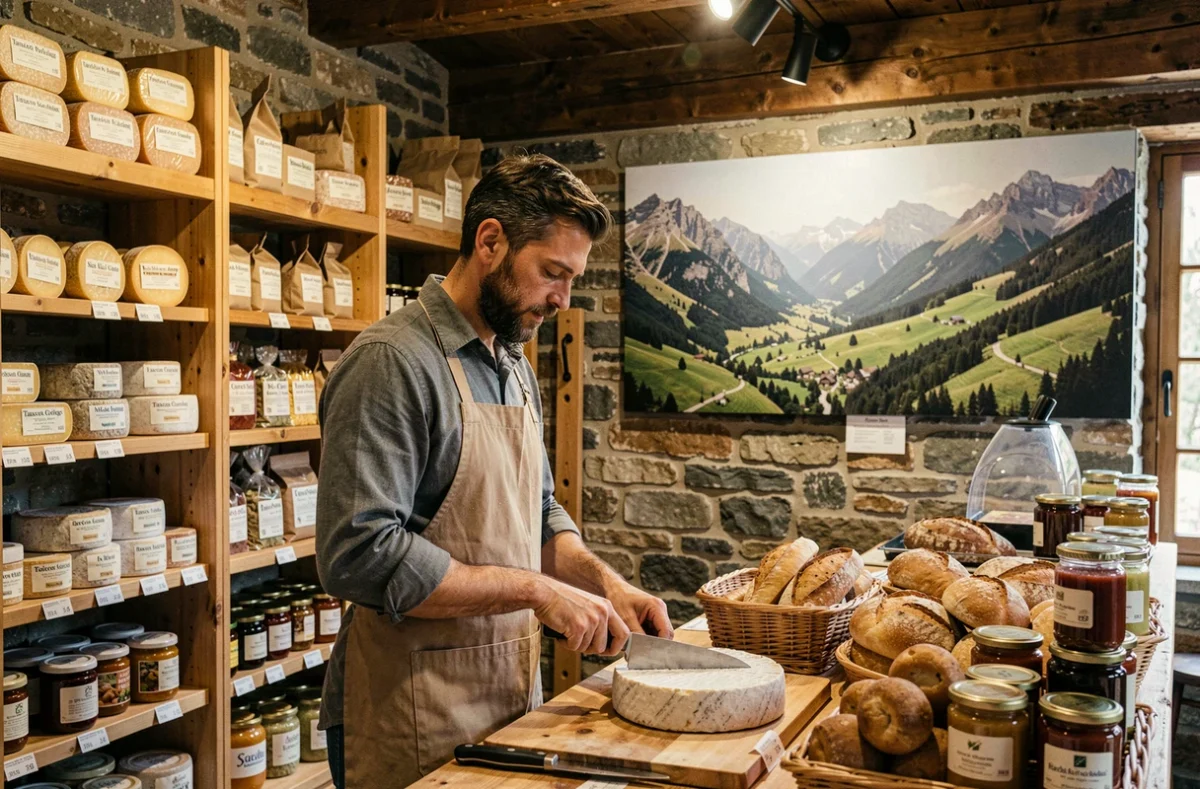 Fromager découpant un fromage de montagne dans le magasin Biomonde Bio Maiel à Tarascon-sur-Ariège