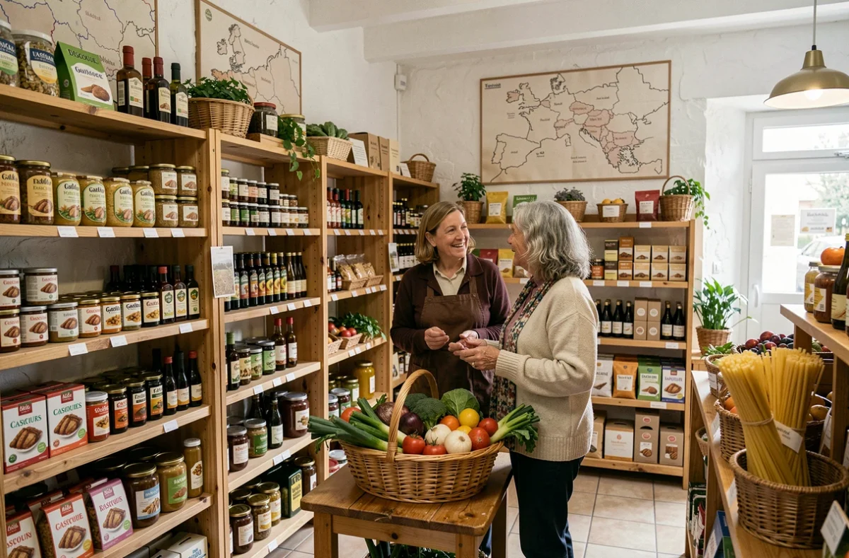 Cliente discutant avec la gérante autour d'un panier de produits régionaux dans le magasin Biomonde Granibio à Cadours