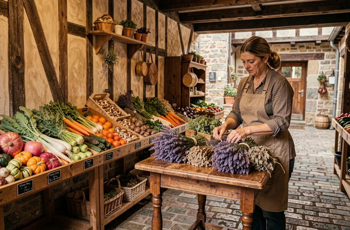 Vendeuse arrangeant des herbes séchées dans le magasin Biomonde La Verte d'Oc à Mirepoix