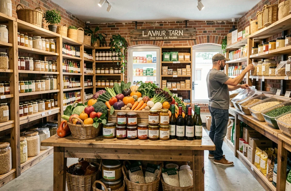 Employé réapprovisionnant des bacs de légumineuses en vrac dans le magasin Biomonde Lavaur