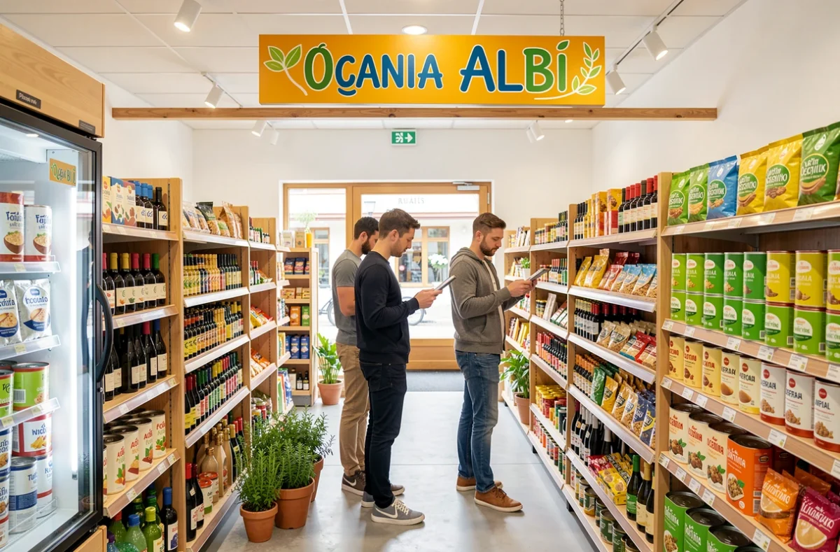 Couple comparant des étiquettes de produits bio dans le magasin Biomonde Logic-Bio à Albi