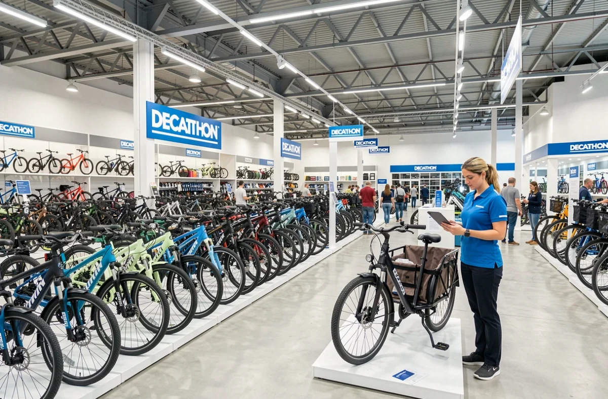 Intérieur du Btwin Village Decathlon Cycle Lille avec rayons de vélos et personnel en uniforme