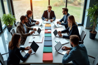 Vue d'un bureau moderne avec équipe autour d'une table