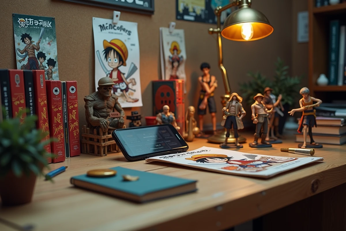 Bureau de collectionneur One Piece avec mangas, figurines et smartphone affichant le scan du chapitre 1133