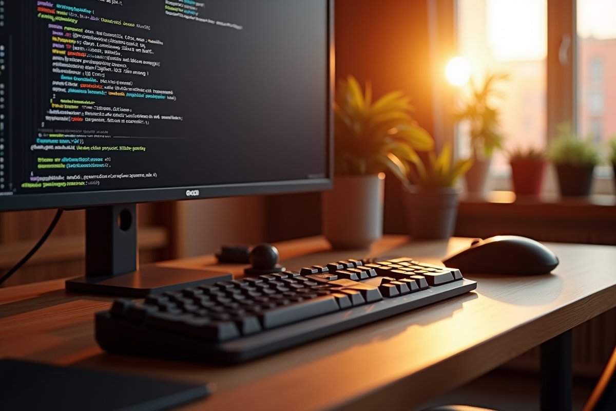 Espace de jeu moderne avec écran Valorant erreur et clavier lumineux