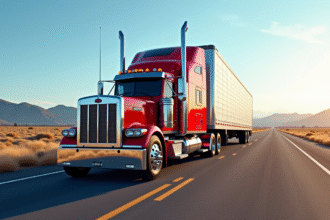 Camion américain rouge classique avec détails chrome sur l'autoroute