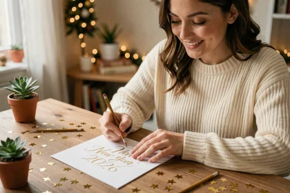 Femme écrivant une carte de bonne année 2026 à la plume dorée sur un bureau en bois chaleureux