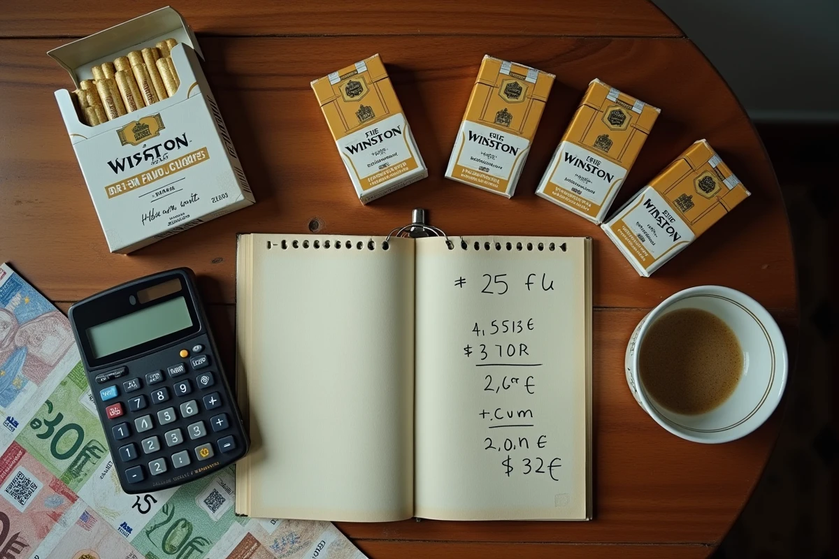 Vue aérienne de cartouches de cigarettes Winston posées sur une table avec des billets en euros et des calculs manuscrits illustrant la revente transfrontalière