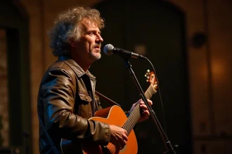 Chanteur de rock français sur scène dans un café-concert intime évoquant l'univers de Renaud et la chanson Morgane de toi