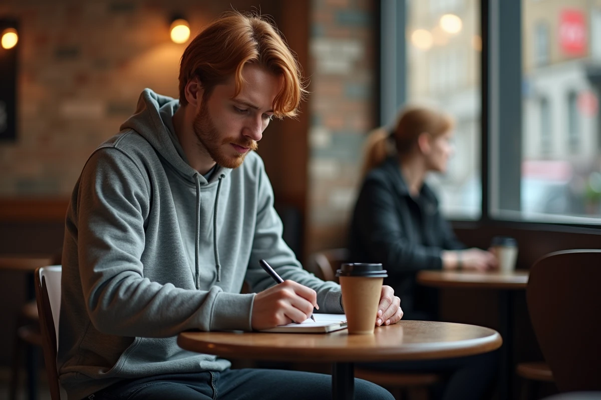 Jeune chanteur roux anglais écrivant dans un cahier dans un café londonien, portrait candide et authentique
