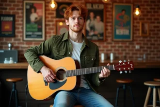 Chanteur roux anglais avec guitare acoustique dans une salle de concert intime, portrait éditorial réaliste