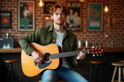 Chanteur roux anglais avec guitare acoustique dans une salle de concert intime, portrait éditorial réaliste