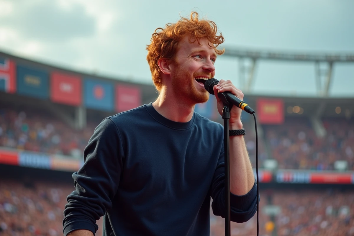 Chanteur roux britannique en concert dans un grand stade devant une foule immense, photo éditoriale grand angle