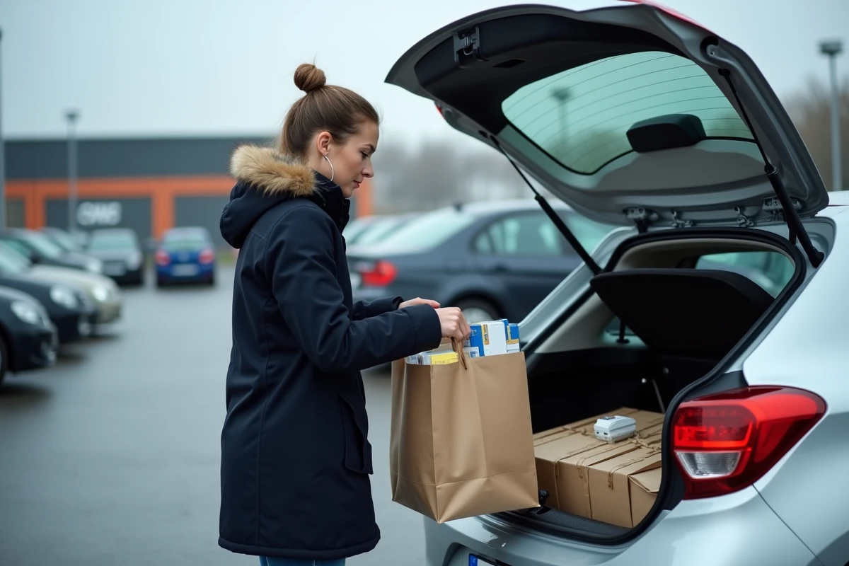 Une femme chargeant des cartouches de cigarettes Winston dans le coffre de sa voiture dans un parking au Luxembourg pour les revendre en France
