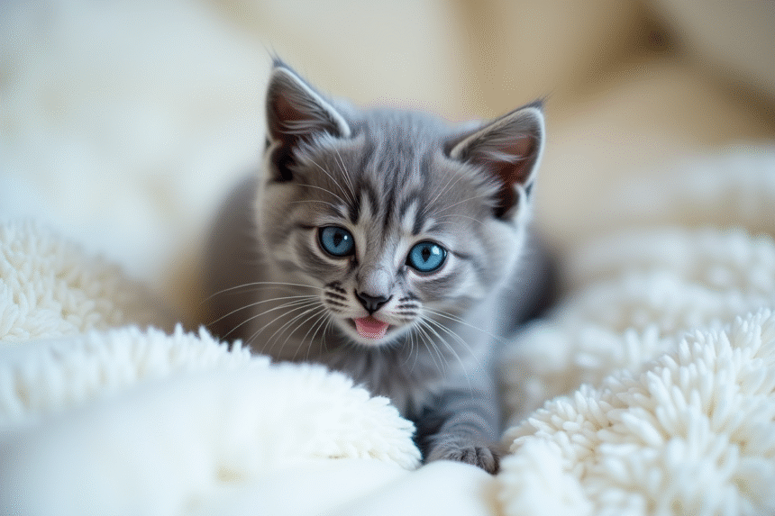Chaton gris aux yeux bleus sur une couverture blanche