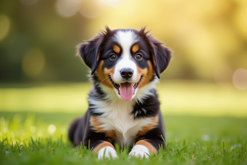 Chiot australien shepherd sur pelouse verte en plein soleil