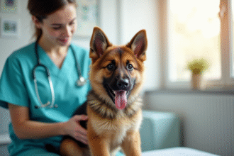 Chiot berger allemand examiné par un vétérinaire dans une clinique lumineuse