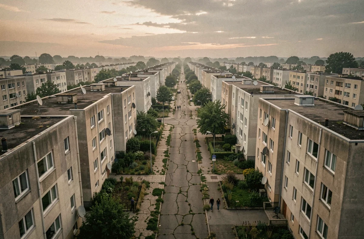 Vue aérienne large d'une cité HLM française en banlieue, immeubles identiques et rues désertes au crépuscule