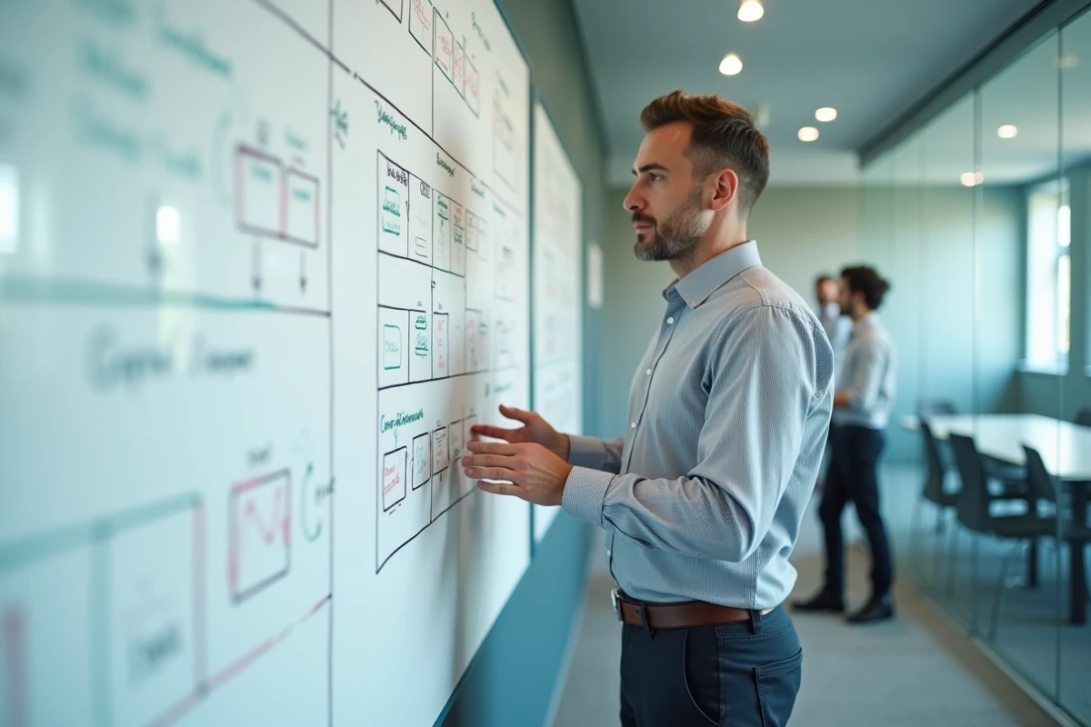 Homme en profession intermédiaire présentant une classification socioprofessionnelle sur tableau blanc en salle de réunion