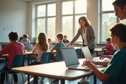 Salle de classe moderne en Essonne avec élèves et professeur