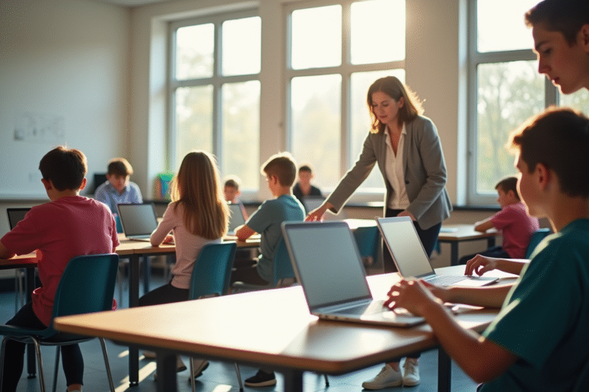 Salle de classe moderne en Essonne avec élèves et professeur