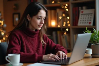 Femme commandant un calendrier de l'avent FDJ 2026 en ligne sur son ordinateur portable à domicile
