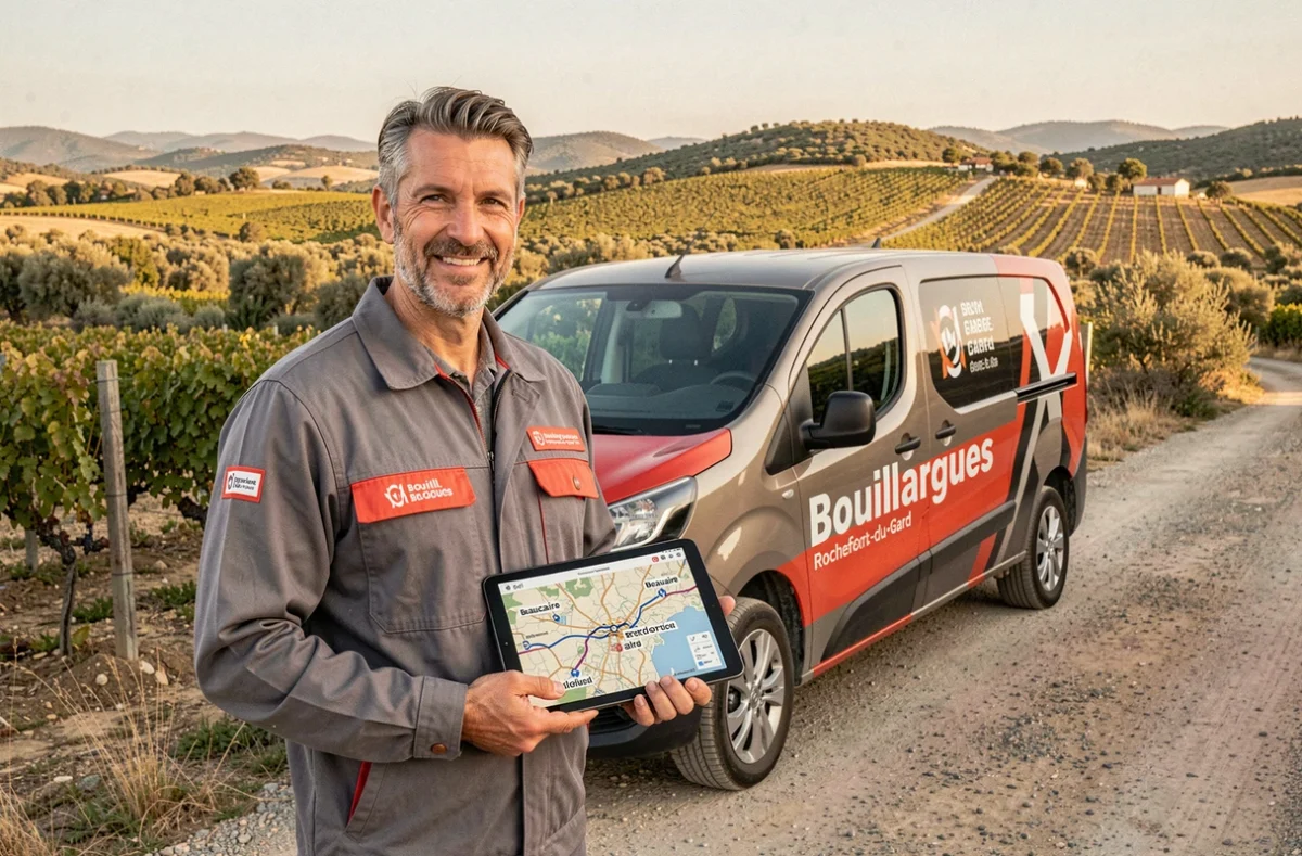 Serrurier métallier Compao devant son véhicule de service sur une route rurale couvrant Bouillargues, Beaucaire et Rochefort-du-Gard